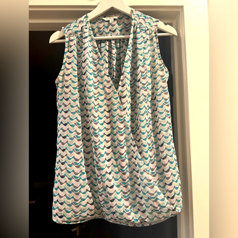 CAbi #342 Women’s XS Sheer Sleeveless Bird Print Cross-Over Top